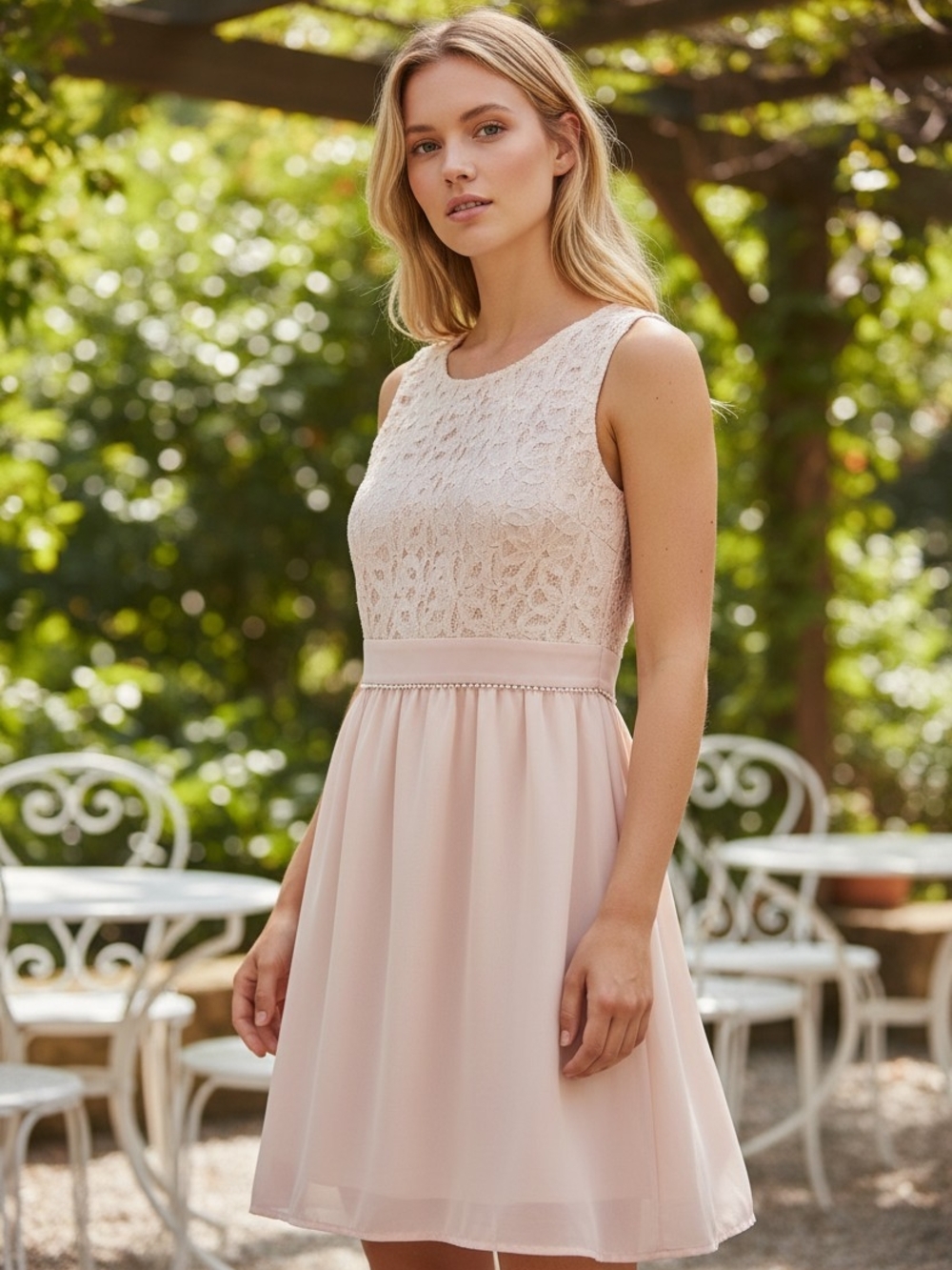 Sleeveless Lace Bodice Chiffon Skater Dress - Blush